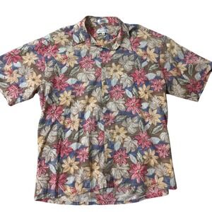 Pierre Cardin Mens XL Hawaiian Floral Button Down Shirt Cotton Tropical Brown